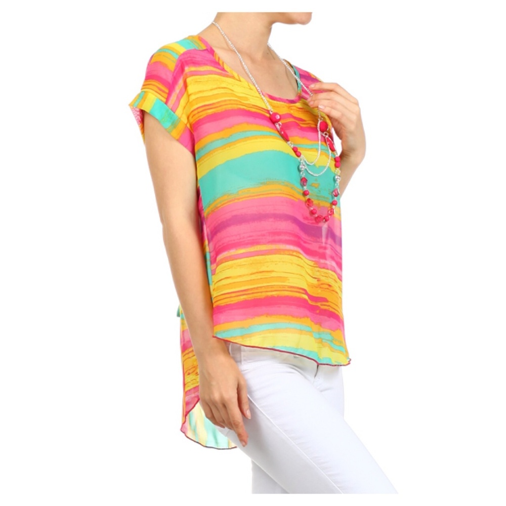 Women's Rainbow Color Striped Hi-Lo Hem Blouse Top - Picture 3 of 8